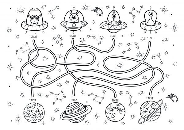 a space maze puzzle sheet with aliens to get to their planets to download and print for free