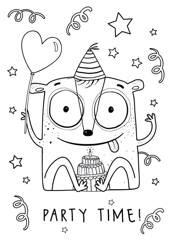 A drawing of a cute monster sticking its tongue out wearing a party hat and holding a love heart balloon in front of a birthday cake and the text party time underneath to print and colour for free.