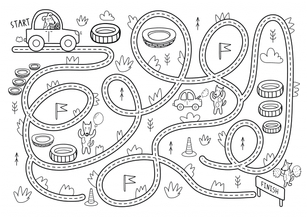 a road maze puzzle sheet with a car to get to the other side to download and print for free