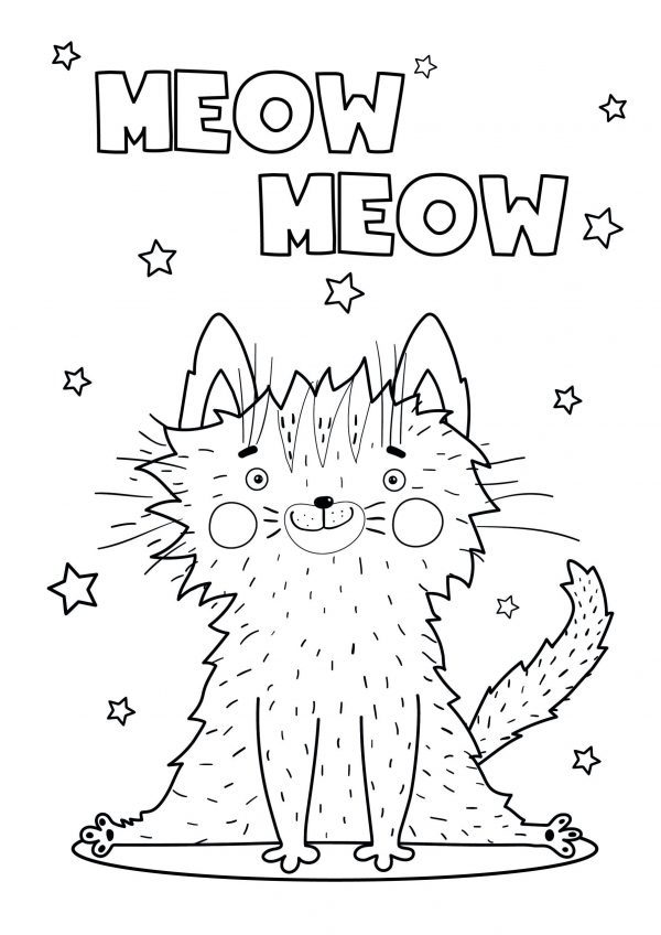 A drawing of a scruffy cat sat down with stars in the background and meow meow written above in bubble writing to print and colour for free.