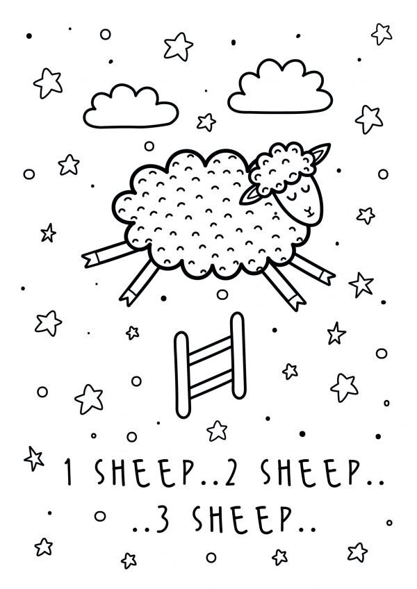A drawing of a sheep jumping a fence in the sky with clouds and stars with the text 1 sheep.. 2 sheep.. 3 sheep.. to print and colour for free.
