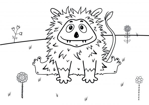 A drawing of a cute fluffy monster sitting with its legs doing the slits to print and colour for free.