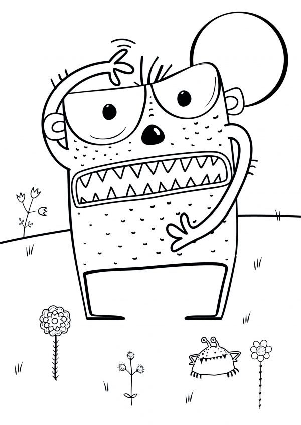 A drawing of a monster dancing like a monkey to print and colour for free.