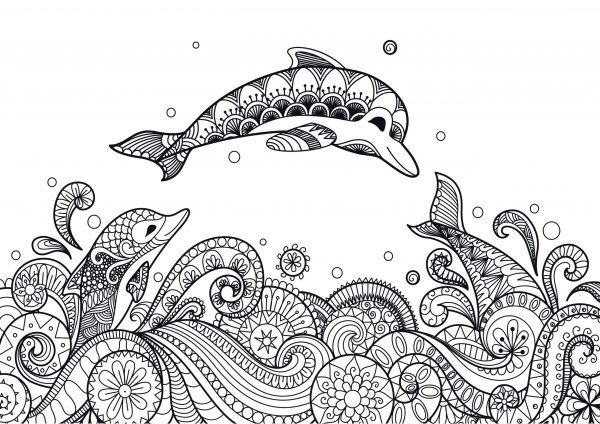 An abstract line art drawing of three dolphins jumping out of the sea to print and colour for free.