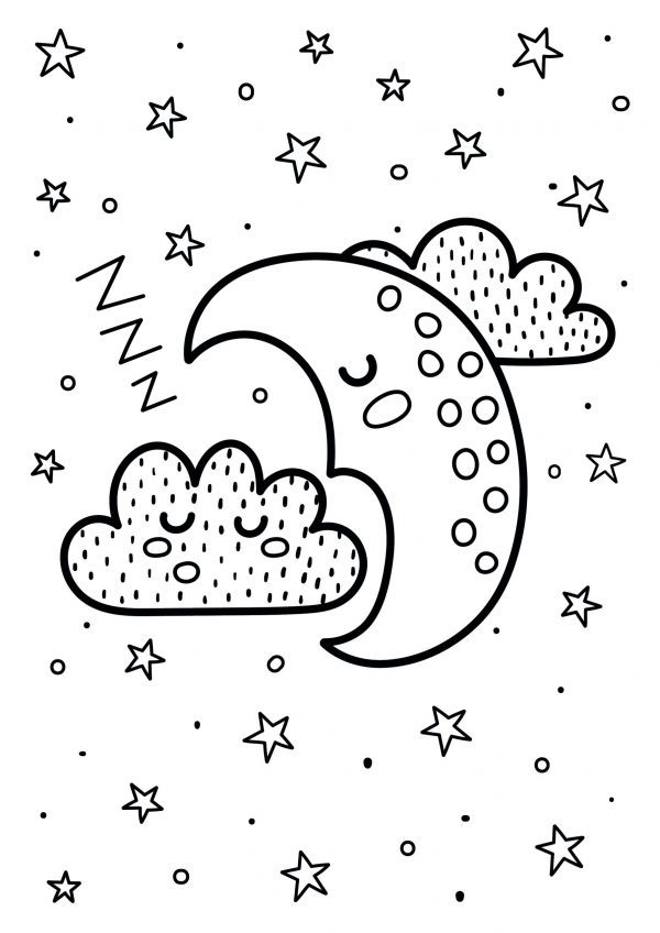 A drawing of a cloud and moon sleeping in the sky with stars in the background to print and colour for free.