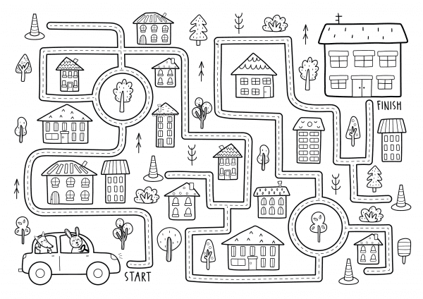 a road maze puzzle sheet with a car and houses to download and print for free