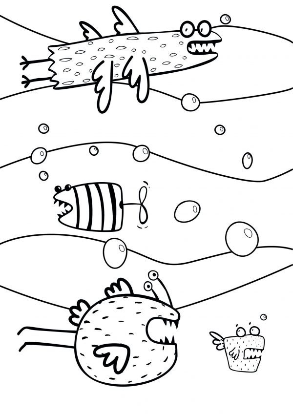 A drawing of four monster fish swimming in the sea to print and colour for free.