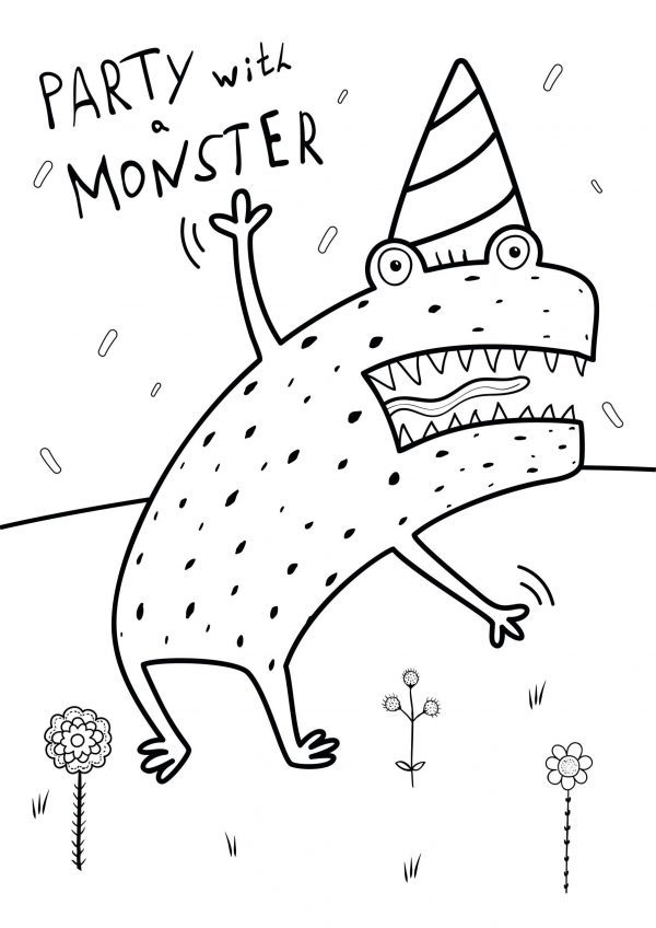 A drawing of a part monster wearing a party hat and the text above saying party with a monster to print and colour for free.