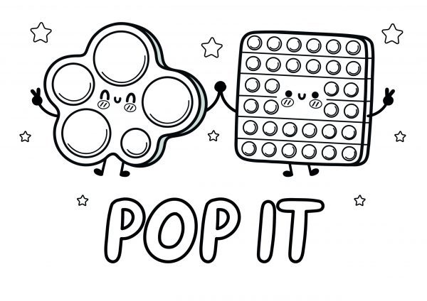 A drawing of a fidget spinner and pop-it sensory toys holding hands with stars in the background and pop it text underneath in bubble writing to print and colour for free.