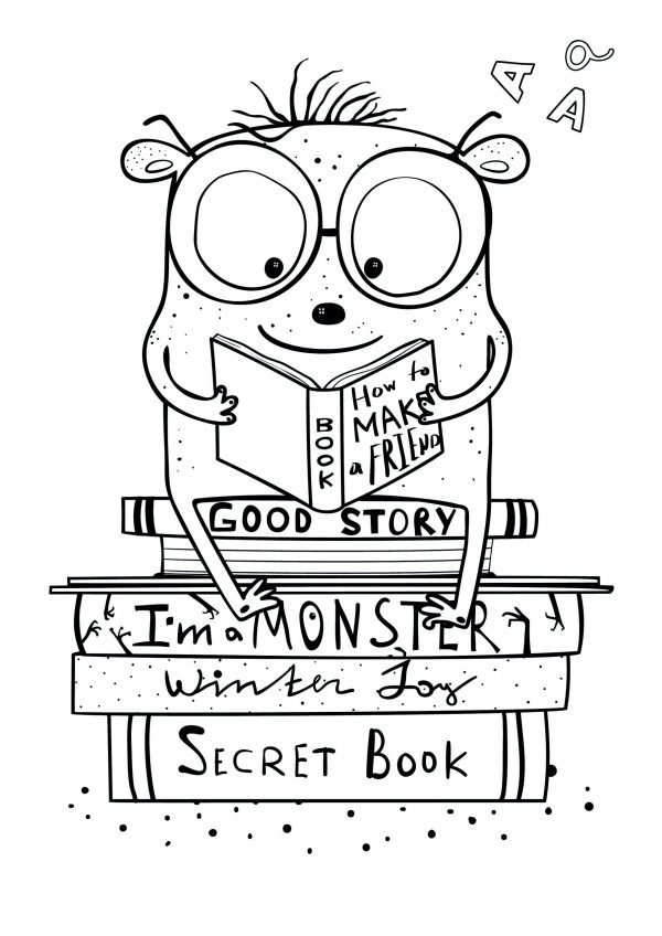 A drawing of a monster wearing glasses sat on books whilst reading a book to print and colour for free.