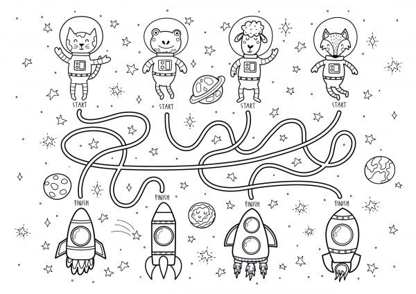 a space maze puzzle sheet with a cat, frog, sheep and fox as astronauts to get to their rockets to download and print for free