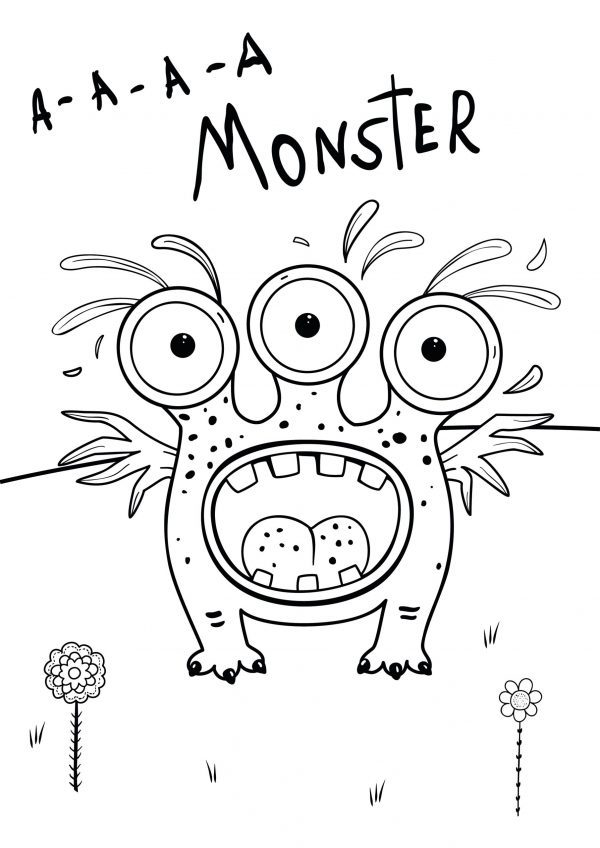 A drawing of a three-eyed sea monster at the bottom of the sea to print and colour for free.