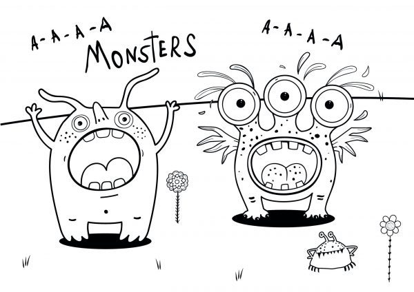 A drawing of 2 sea monsters one with three eyes and one with 2 eyes at the bottom of the sea to print and colour for free.