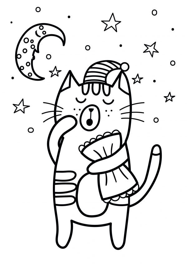 A drawing of a sleepy cat yawning and holding a pillow and wearing a night cap and sleeping moon to print and colour for free.