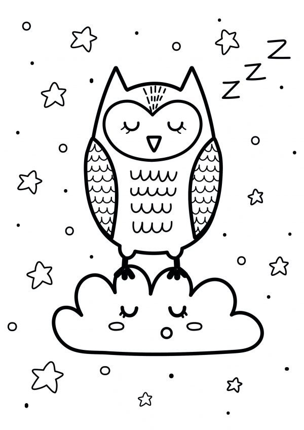 A drawing of a sleeping owl on a sleeping cloud and stars to print and colour for free.