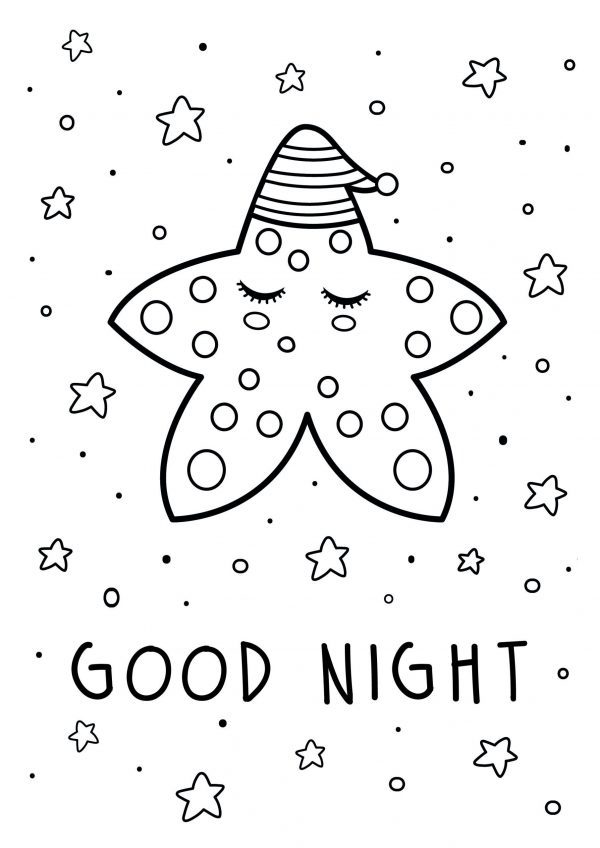 A drawing of a sleeping star with a nightcap floating in space with other stars and the text good night to print and colour for free.