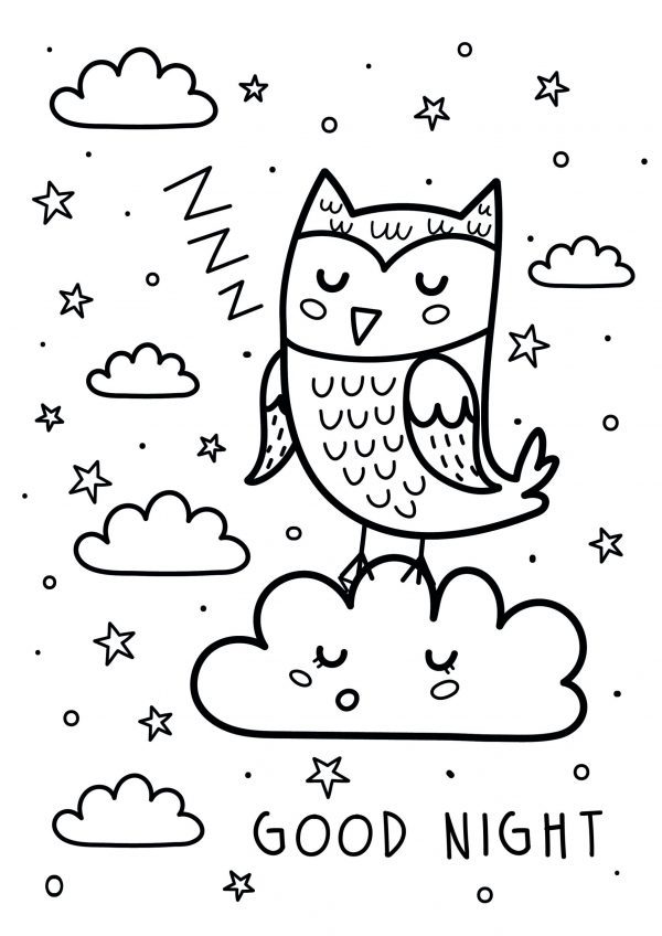 A drawing of a sleeping owl on a sleeping cloud with the text good night underneath to print and colour for free.