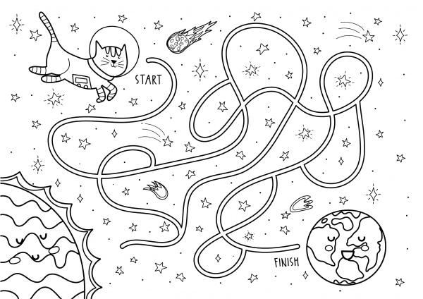 a space cat maze puzzle sheet with the sun and earth to download and print for free