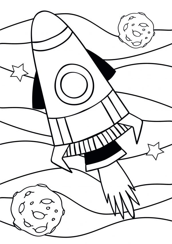 A drawing of a rocket with flames flying through space with astroids to print and colour for free.