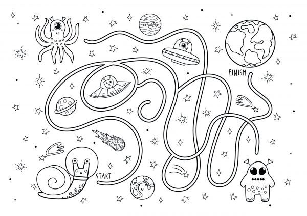 a space snail maze puzzle sheet with aliens and earth to download and print for free