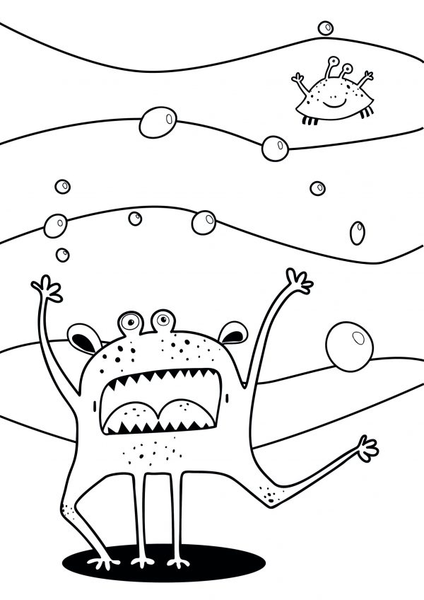 A drawing of a sea monster at the bottom of the sea to print and colour for free.