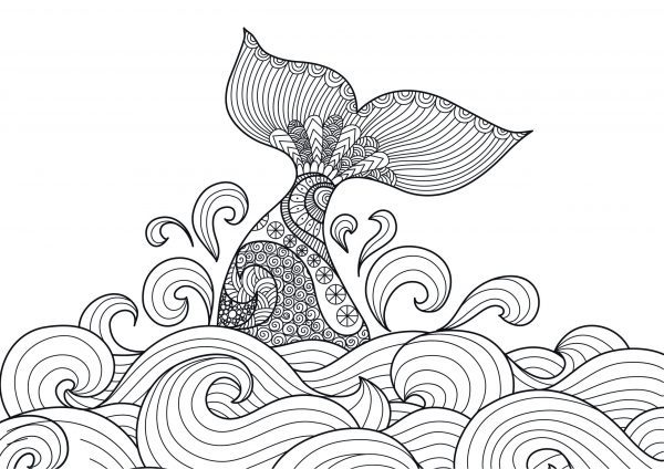 A drawing of a whale's tale out of the sea with waves filled in by abstract line art to print and colour for free.