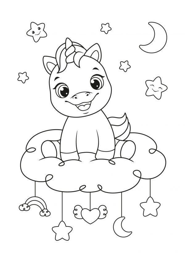 A basic drawing of a cute baby unicorn sitting on a cloud with stars rainbow and a moon dangling down to print and colour for free.