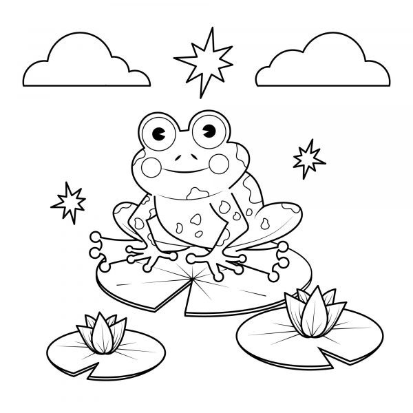 A basic drawing of a single frog on a Lilly pad in the water with 2 other lily pads to print and colour for free.