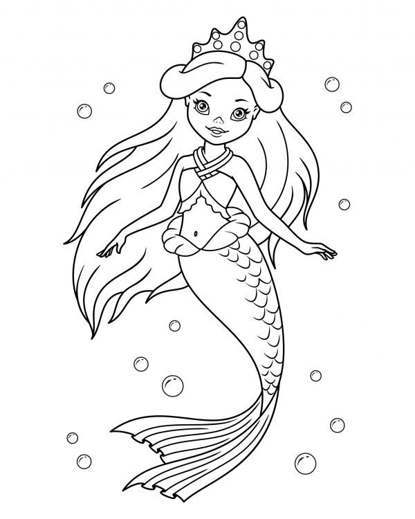 A basic drawing of a single mermaid in the sea wearing a tiara to print and colour for free.