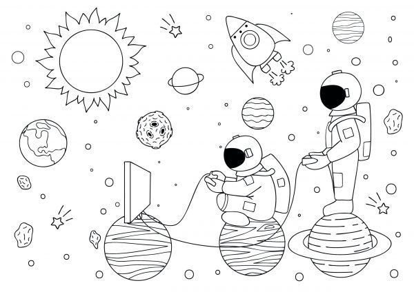 A drawing of 2 astronauts gaming sitting on planets in the middle of space with a rocket flying in the background to print and colour for free.