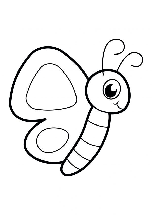 A basic drawing of a butterfly from the side with a smile to print and colour for free.