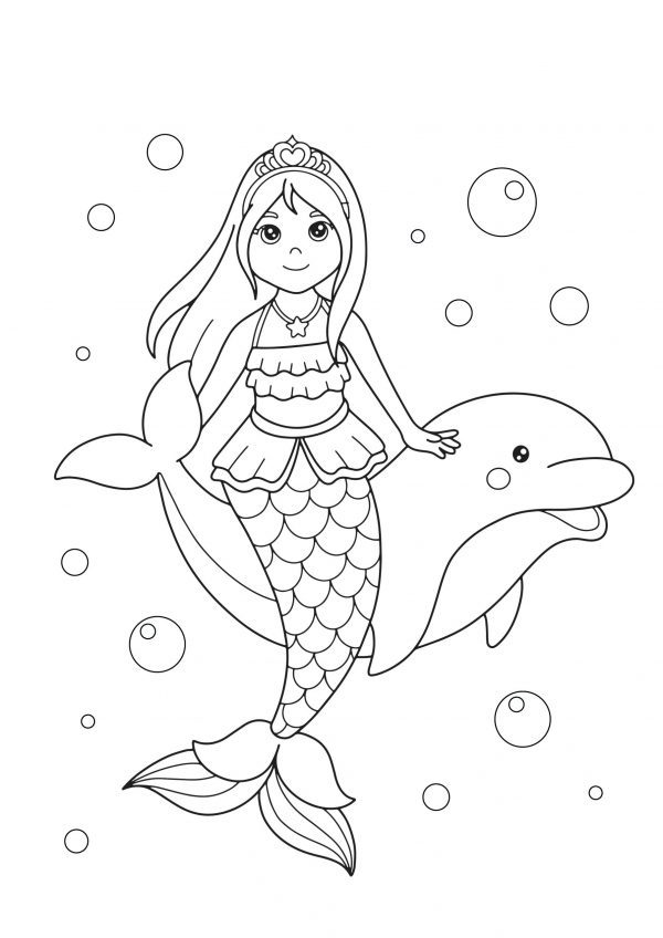 A drawing of a dolphin swimming and a mermaid sat on its back to print and colour for free.