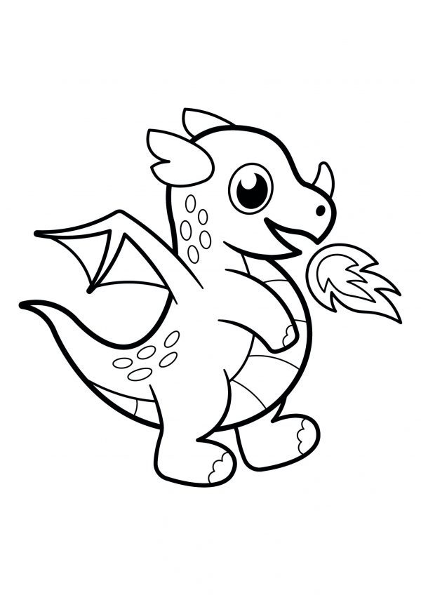 A basic drawing of a cute dragon breathing fire to print and colour for free.