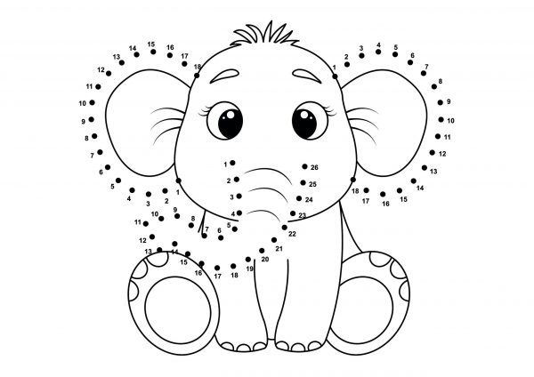A cute elephant dot-to-dot image to print for free.