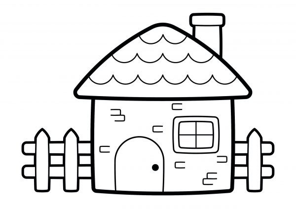 A basic drawing of a house with a thatched roof and a wooden picket fence to print and colour for free.