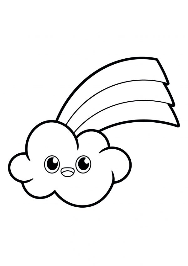 A basic drawing of a cloud with a rainbow thing out it to print and colour for free.