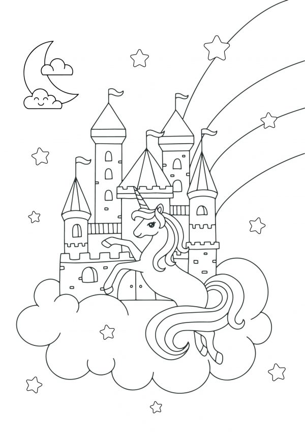 A drawing of a castle floating on a cloud in the sky with a flying unicorn and rainbow to print and colour for free.