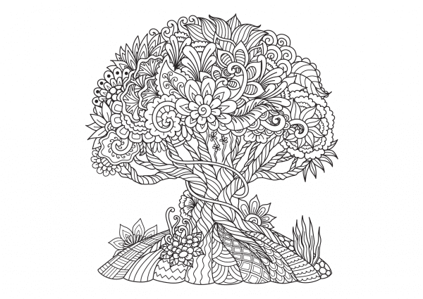 A drawing of a tree with floral design line art to print and colour for free.