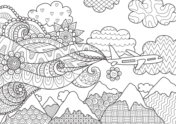 A drawing of an aeroplane flying over mountains with abstract line art to print and colour for free.