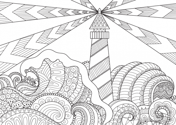 A hand-drawn lighthouse with line art abstract waves to print and colour for free.