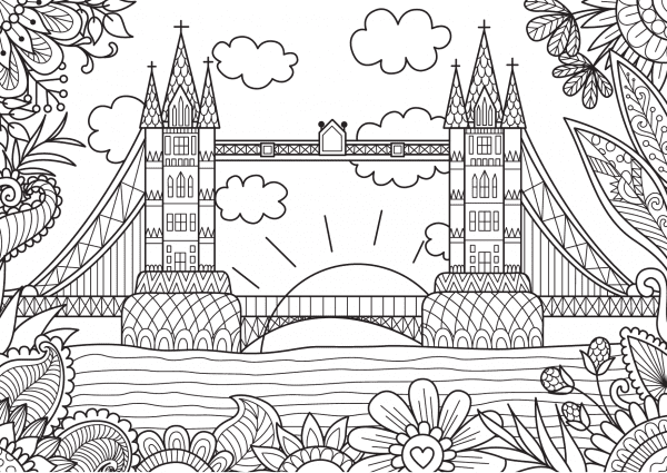 An image of the London Bridge with a floral design around it to print and colour for free.