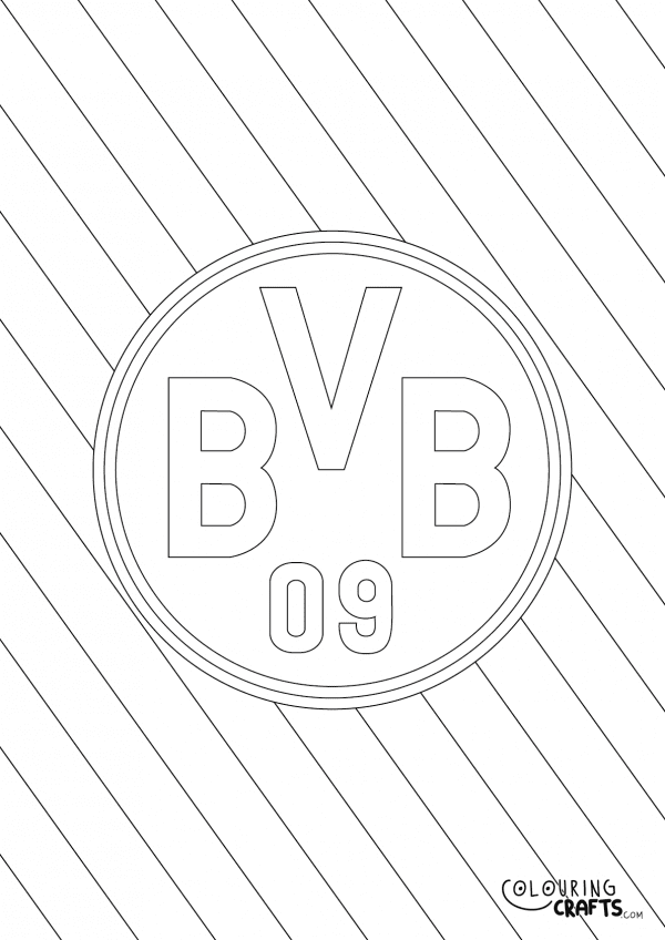An image of the Borussia Dortmund badge with a diagonal striped background to print and colour for free.