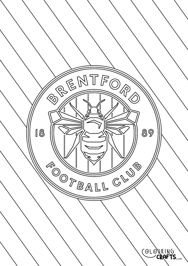 An image of the Brentford FC badge with diagonal striped background to print and colour for free.