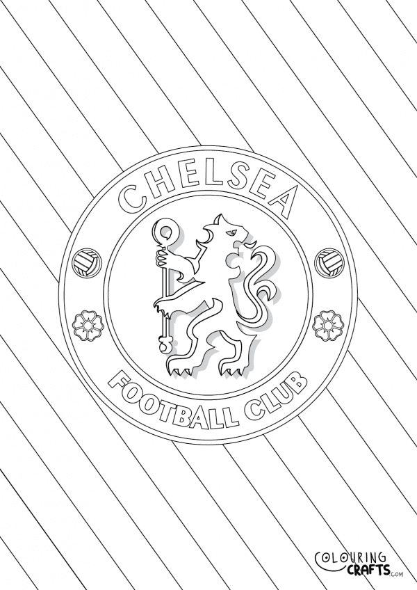 An image of the Chelsea badge with a diagonal striped background to print and colour for free.