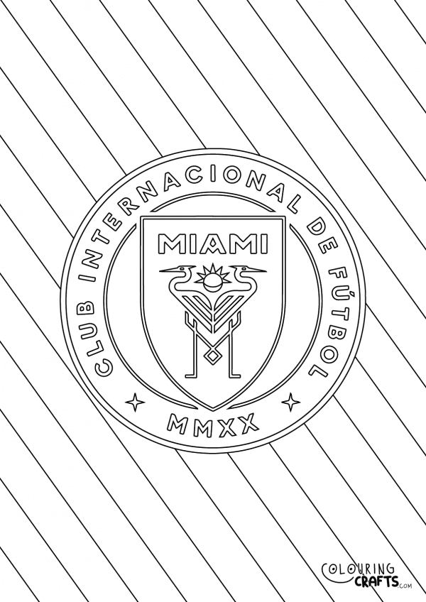An image of the Inter Miami badge with diagonal striped background to print and colour for free.