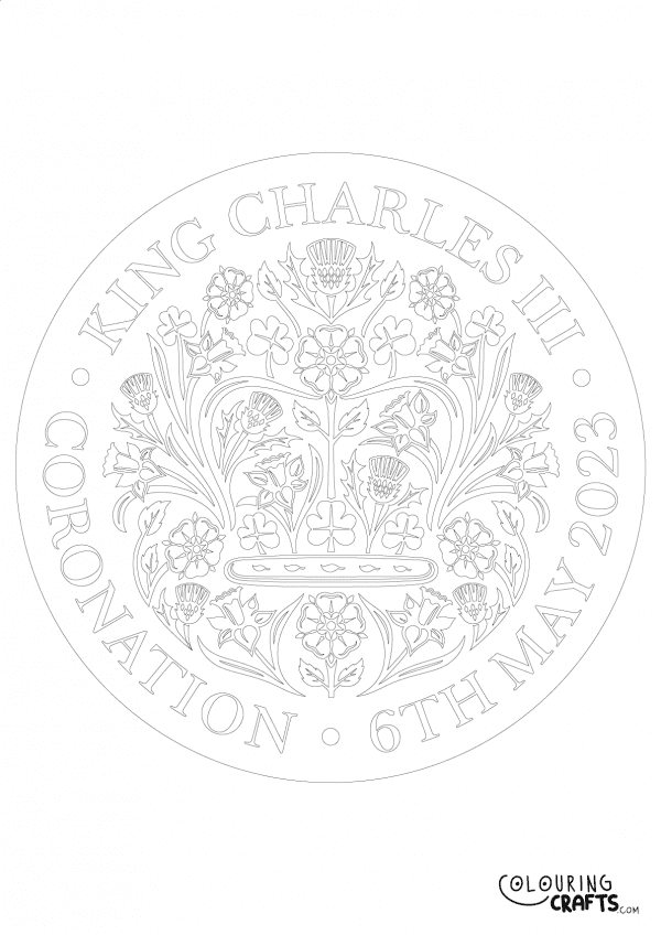 An image of the Coronation Emblem for King Charles 3rd to print and colour for free.