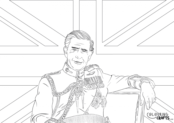 A drawing of King Charles III in front of a Union Jack Flag to print and colour for free.