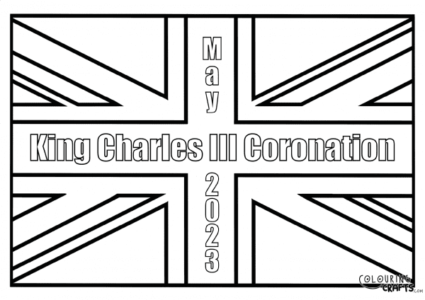 A drawing of a Union Jack Flag with the text King Charles III Coronation May 2023 to print and colour for free.