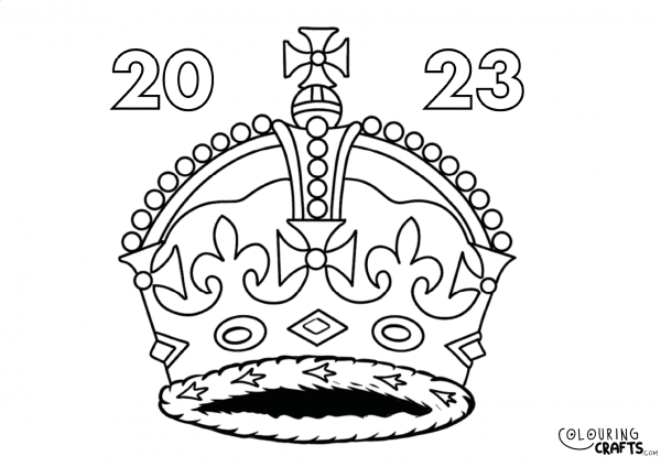 A drawing of King Charles III crown with the numbers 2023 to celebrate the coronation to print and colour for free.