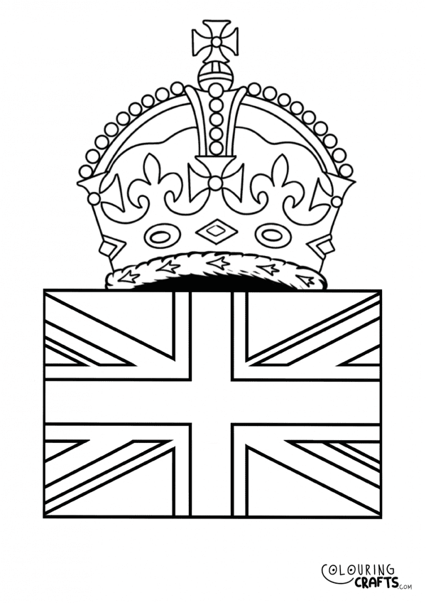 A drawing of King Charles III crown on a Union Jack Flag to print and colour for free.
